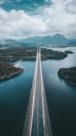 Cable-stayed highway bridge bisecting coastal fjord landscape.