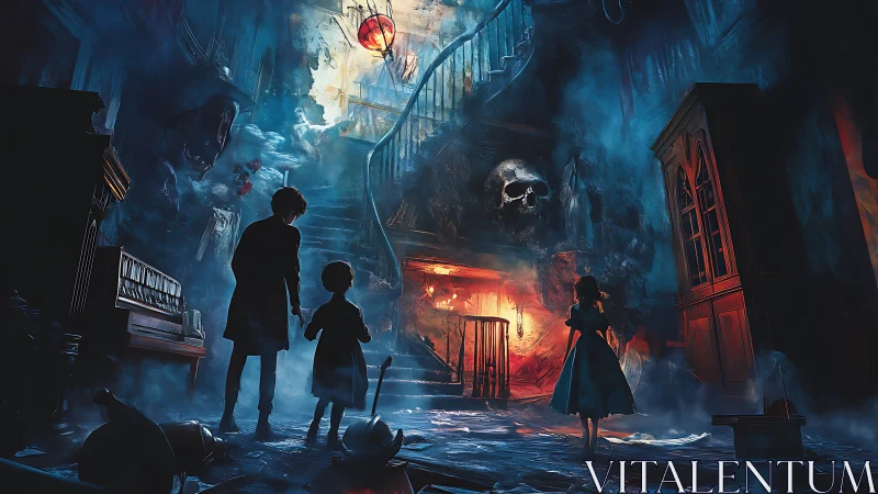Curious children explore a glowing, haunted staircase scene.