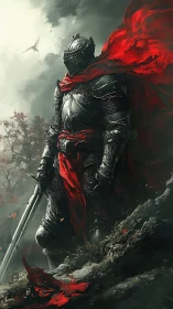 Crimson-cloaked dragon knight guarding storm-shadowed cliffs.