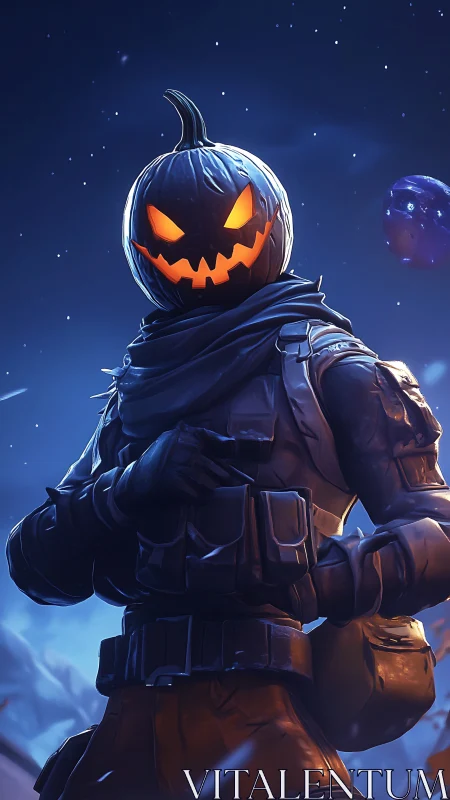 Armored jack o lantern soldier under moonlit winter sky