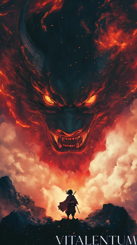 Stormlit samurai defies a colossal fireborn demon skyward