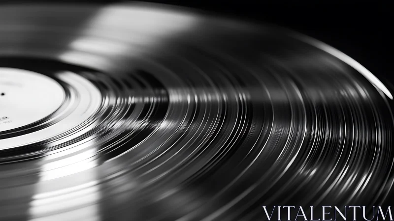 Monochrome closeup of spinning vinyl record grooves in motion.