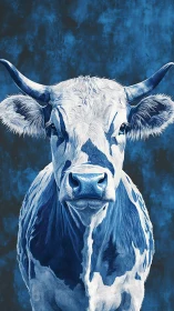 Monochromatic blue bovine portrait with detailed fur texturing