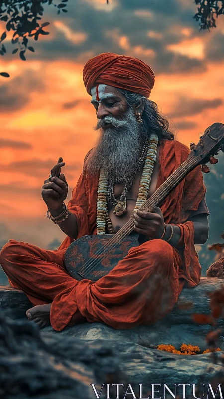 Mystic holy man plays stringed instrument at vivid sunset.