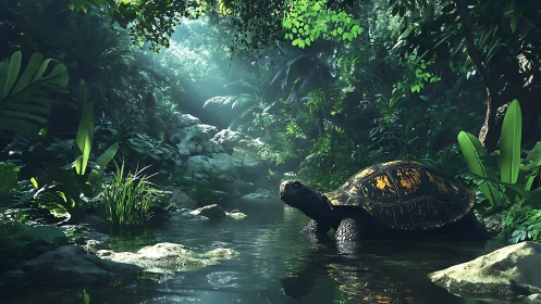 Photorealistic jungle stream with basking tortoise composition.