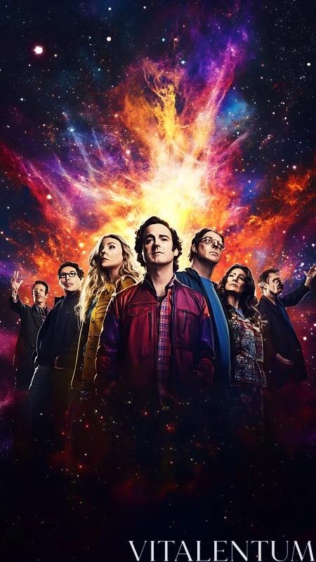 Group of people framed by vivid cosmic explosion background