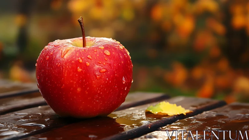 Photorealistic macro of dewy red apple on wet wooden surface.