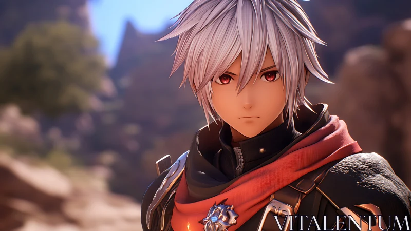 Silver-haired wanderer with ember eyes in rocky sunlight.