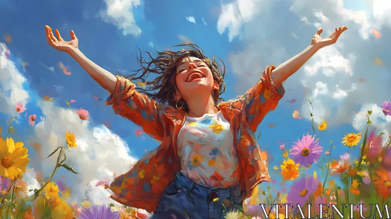 Figure with raised arms stands in vivid digital wildflower field