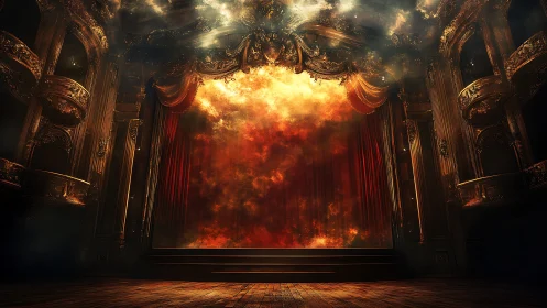 Ornate Theater Stage With Explosive Fire Effect.