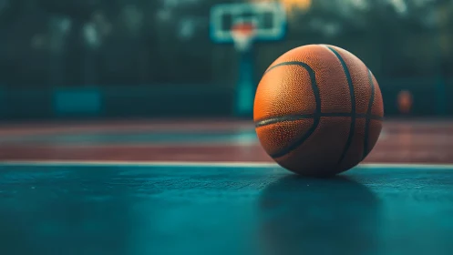 Basketball resting on outdoor court surface at dusk.
