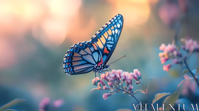 Macro study of butterfly wing pattern over pastel bokeh field