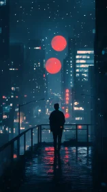 Silhouette stands on wet balcony facing dual red moons