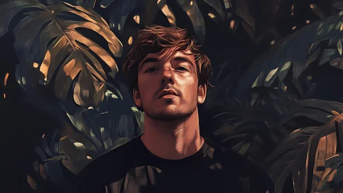 Male portrait rendered in stylized digital foliage lighting
