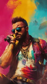 Man with headset in vivid tropical color environment.