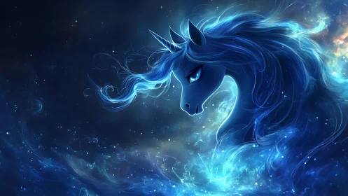 Luminous cosmic unicorn portrait in swirling blue nebula.