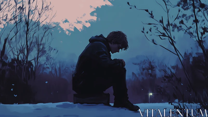 Solitary winter figure in contemplative dusk landscape.