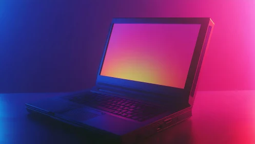 Open laptop with gradient display under colored lighting.