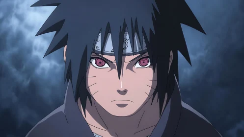 Intense anime hero framed by stormy, electric twilight gaze.