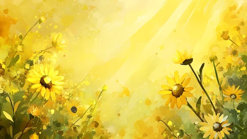 Yellow wildflowers under diffuse sunlight in abstract field.