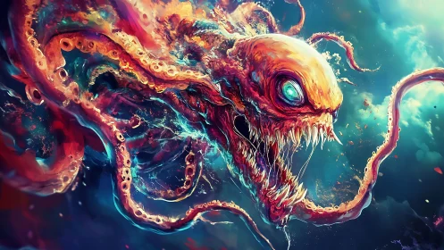 Tentacled abyssal horror hurtles upward in neon storm