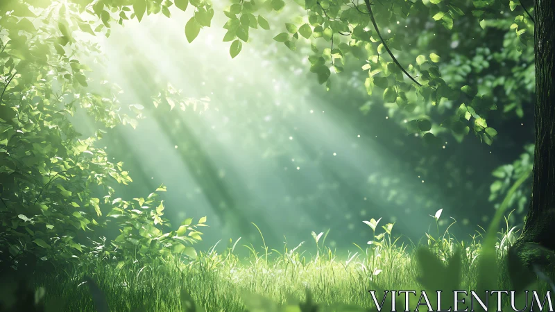 Sunlit forest clearing with lush greenery, soft dreamy light.