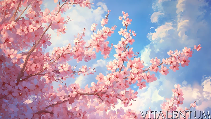 Atmospheric cherry blossom canopy under luminous spring sky.