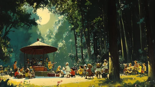 Outdoor band performance in forest clearing under full moon.