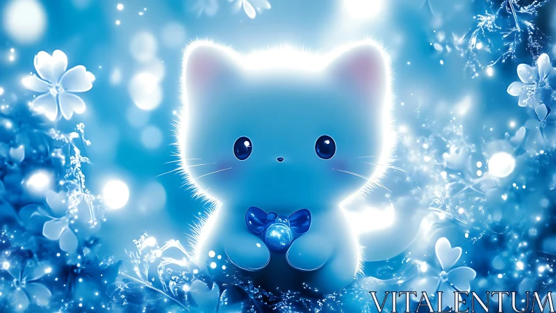 Luminescent cat figure surrounded by frost-covered botanicals and particles