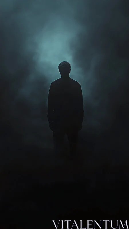 Solitary silhouette stands in dense blue atmospheric fog