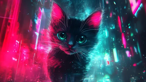 Neon-eyed cyber kitten amid glowing city shards.
