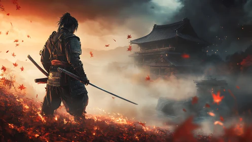 Armored samurai surveys burning temple amid stormlit autumn