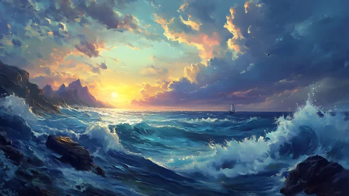 Sunlit waves rise and curl beneath a glowing evening sky