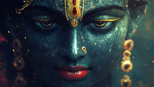 Divine blue visage glows with molten gold accents.