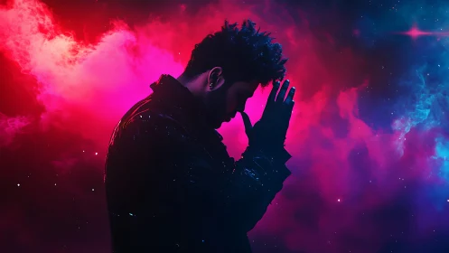 Nebula-lit thinker drifts through neon-tinted cosmic hush