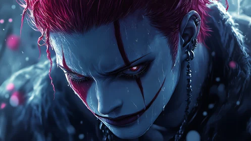 Demonic clown warrior with glowing eyes in icy rain.