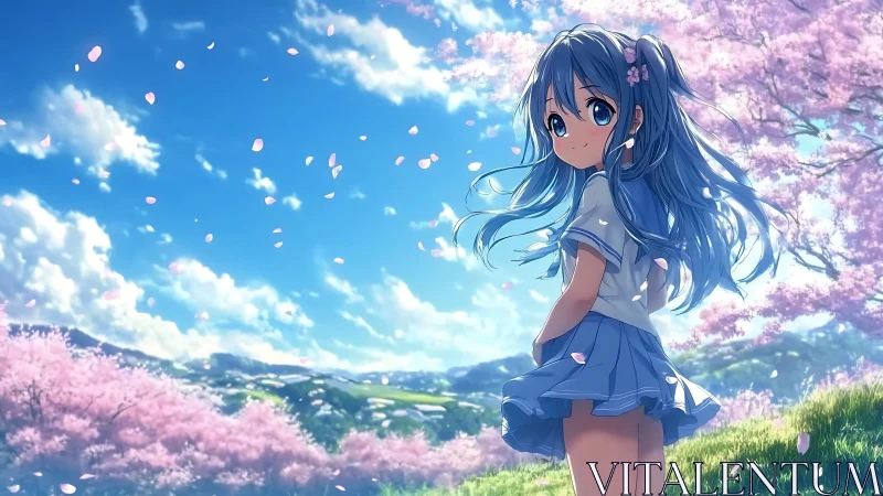 Blue haired dreamer beneath wind-tossed cherry petals.