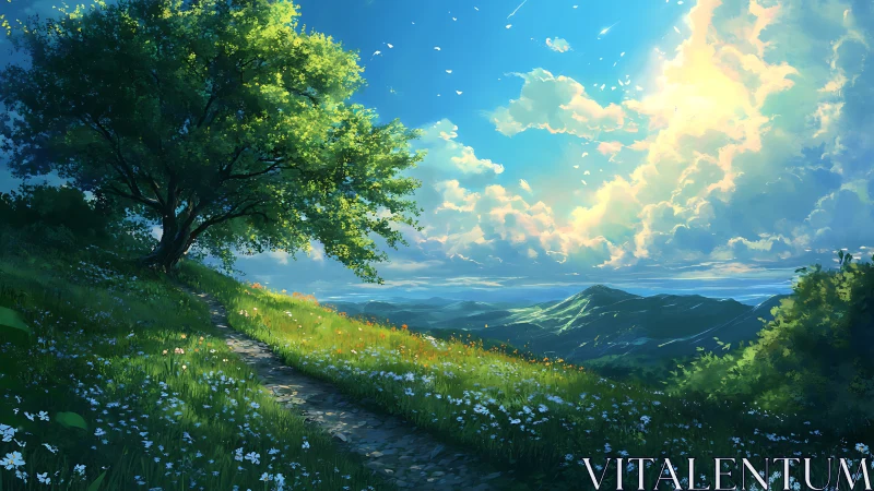 Sunlit hill path winds beneath a glowing summer sky.