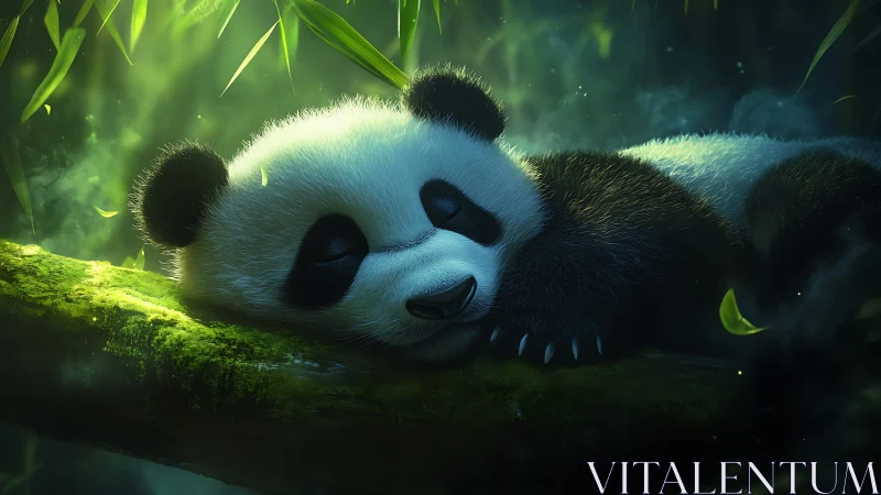 Digital painting of sleeping panda on mossy bamboo log.