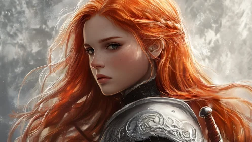 Fiery haired warrior gazes back with quiet steel resolve.