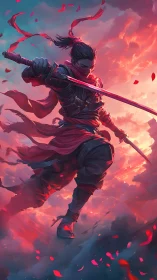 Sky-dancing rogue in crimson light and swirling clouds.