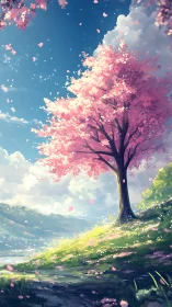 Cherry blossom tree crowns sunlit lakeside spring meadow.