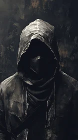 Hooded vigilante portrait in monochrome chiaroscuro lighting.