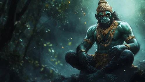 Blue humanoid monkey deity sits cross legged in forest