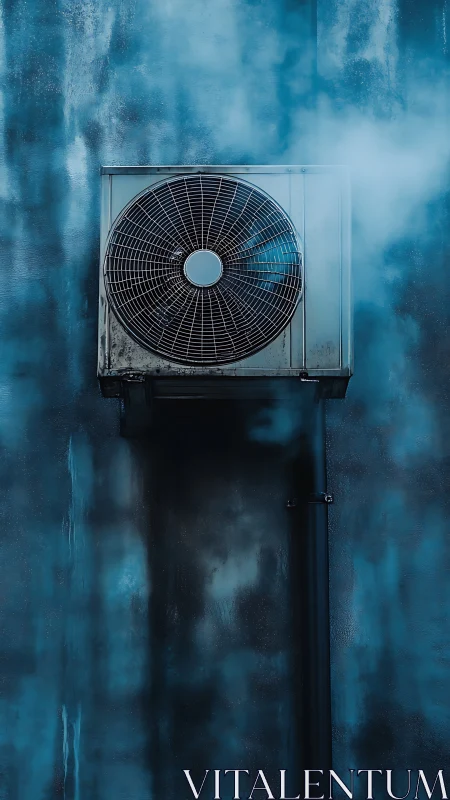 Industrial air conditioner fan on moody blue concrete wall.