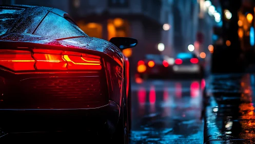 Rear supercar taillights emit specular red glow on wet neon street