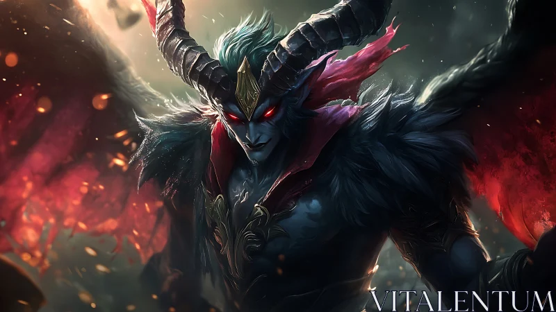 Horned winged demon figure with glowing red eyes posed.