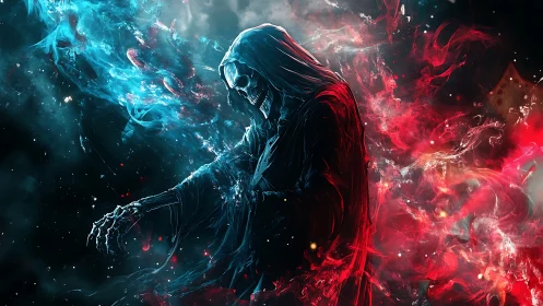 Hooded reaper commands swirling red and blue ethereal fire