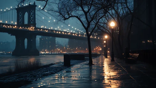 Rain-soaked riverside promenade reflects bridge lights at blue hour