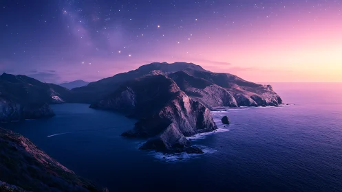 Twilight Guardians: Rocky Islands Float Where Ocean Meets Starlit Sky